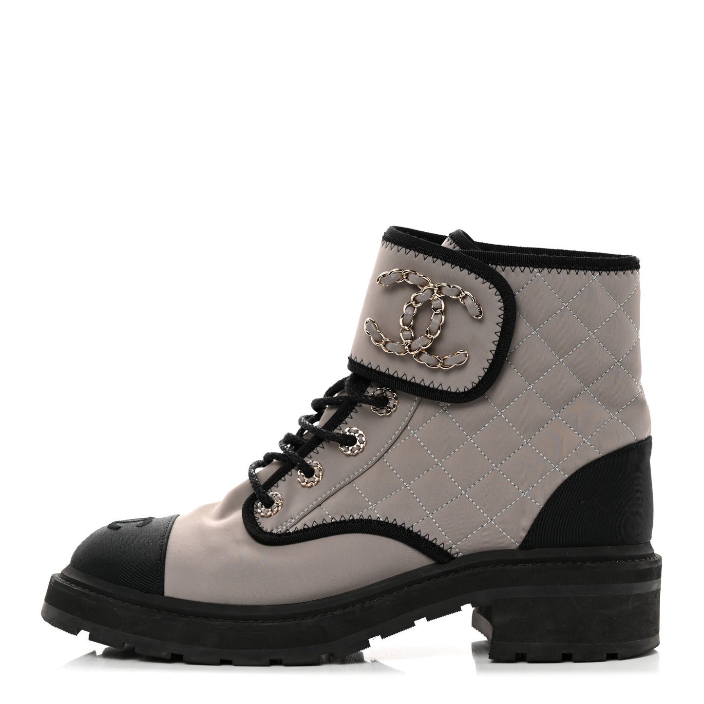 Fabric Grosgrain Lambskin Quilted Lace Up Combat Boot 40.5 Gray