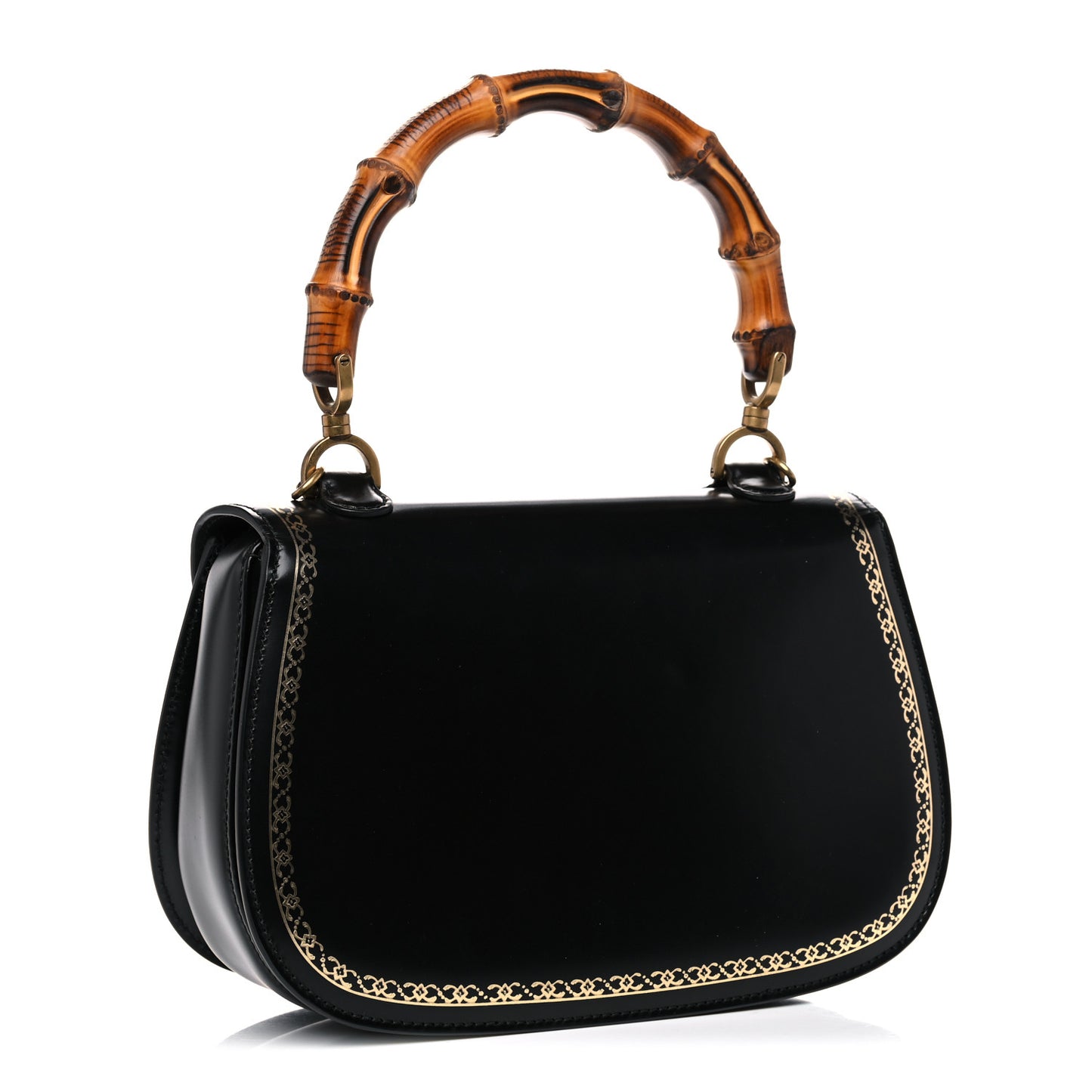 Calfskin Frame Print Bamboo Top Handle Bag Black