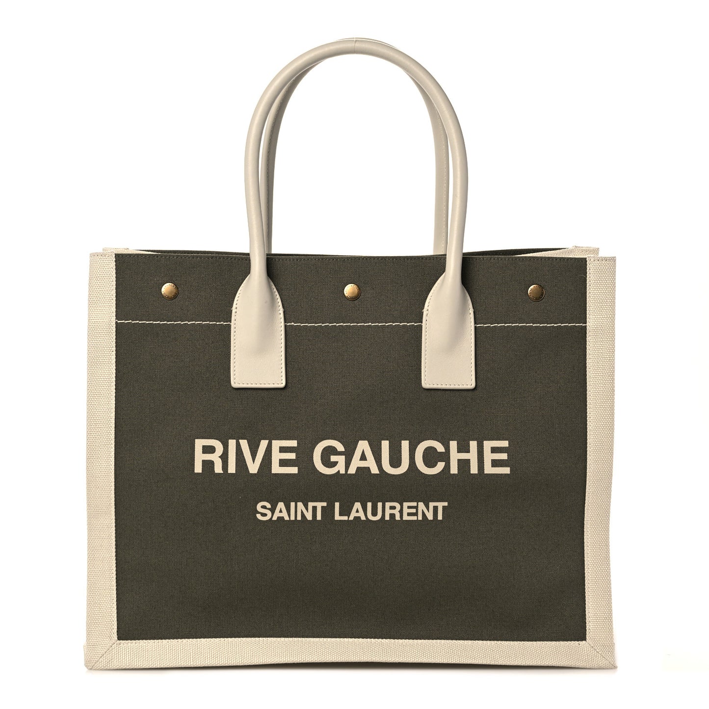 Linen Calfskin Small Rive Gauche Tote Military Green Blanc Vintage