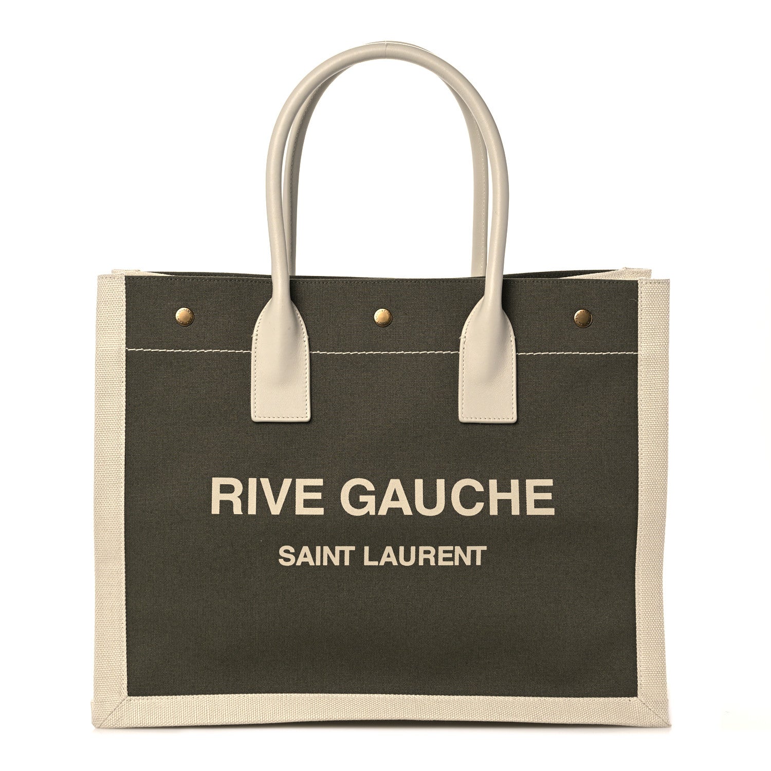 Saint Laurent Linen Calfskin Small Rive Gauche Tote Military Green Blanc Vintage 1 of 10