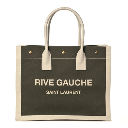 Saint Laurent Linen Calfskin Small Rive Gauche Tote Military Green Blanc Vintage 1 of 10