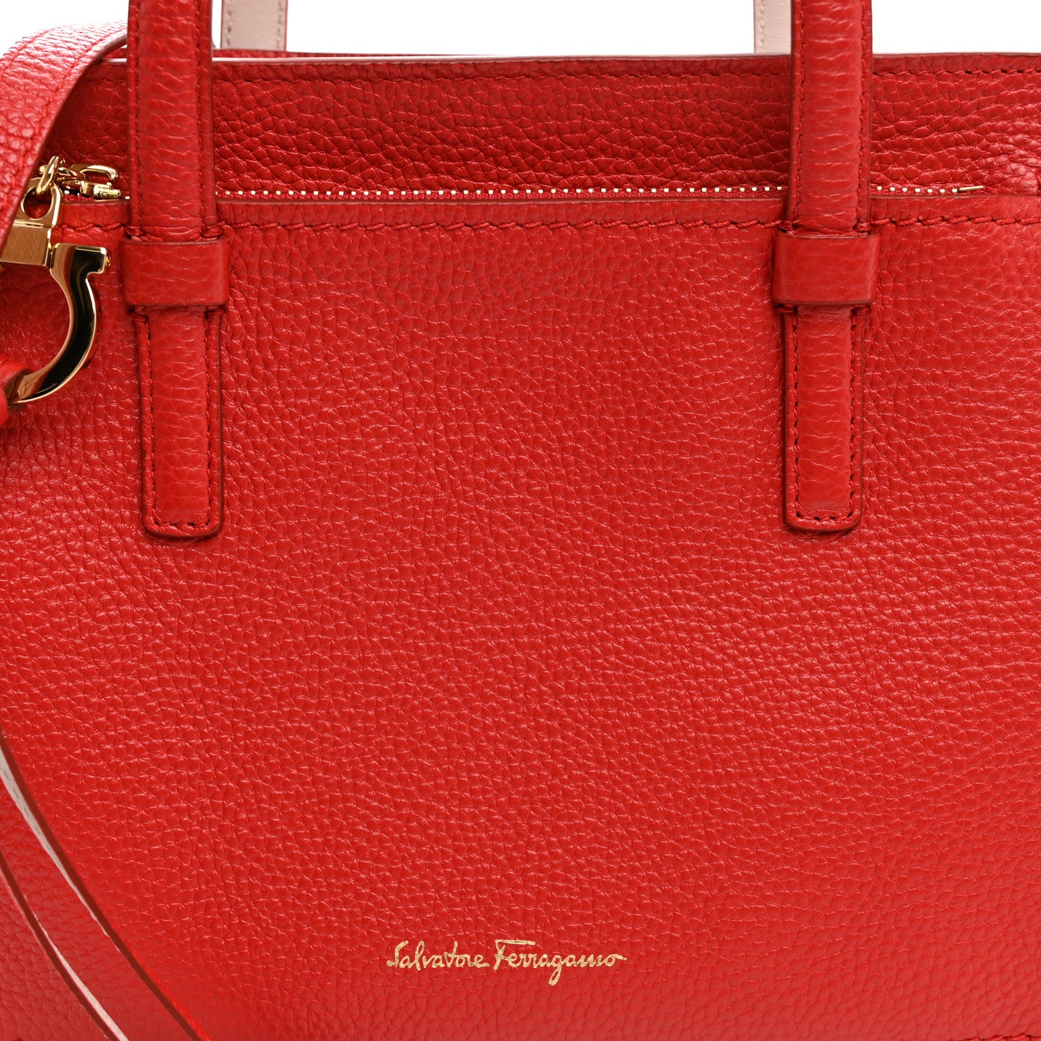 Salvatore Ferragamo Hammered Calfskin Double Handle Small Amy Tote Flame Red Jasmine Flower 7 of 9