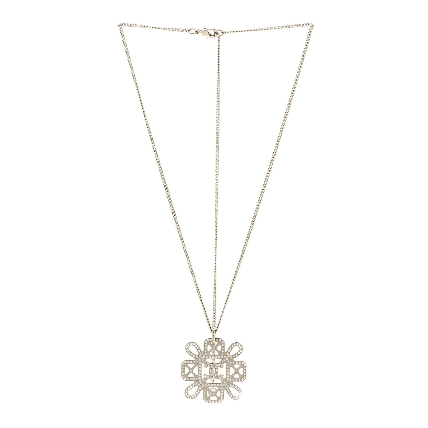 Chanel Crystal Strass Cross CC Pendant Necklace Silver 3 of 5