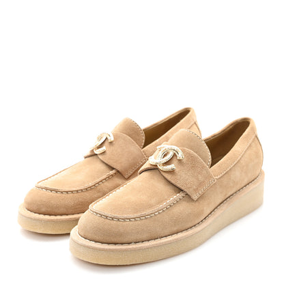 Chanel Suede Calfskin Pearl CC Moccasin Loafers 36.5 Dark Beige 4 of 9
