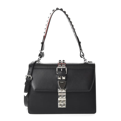 Prada Saffiano City Calfskin Studded Elektra Shoulder Bag Black Fuoco 1 of 9