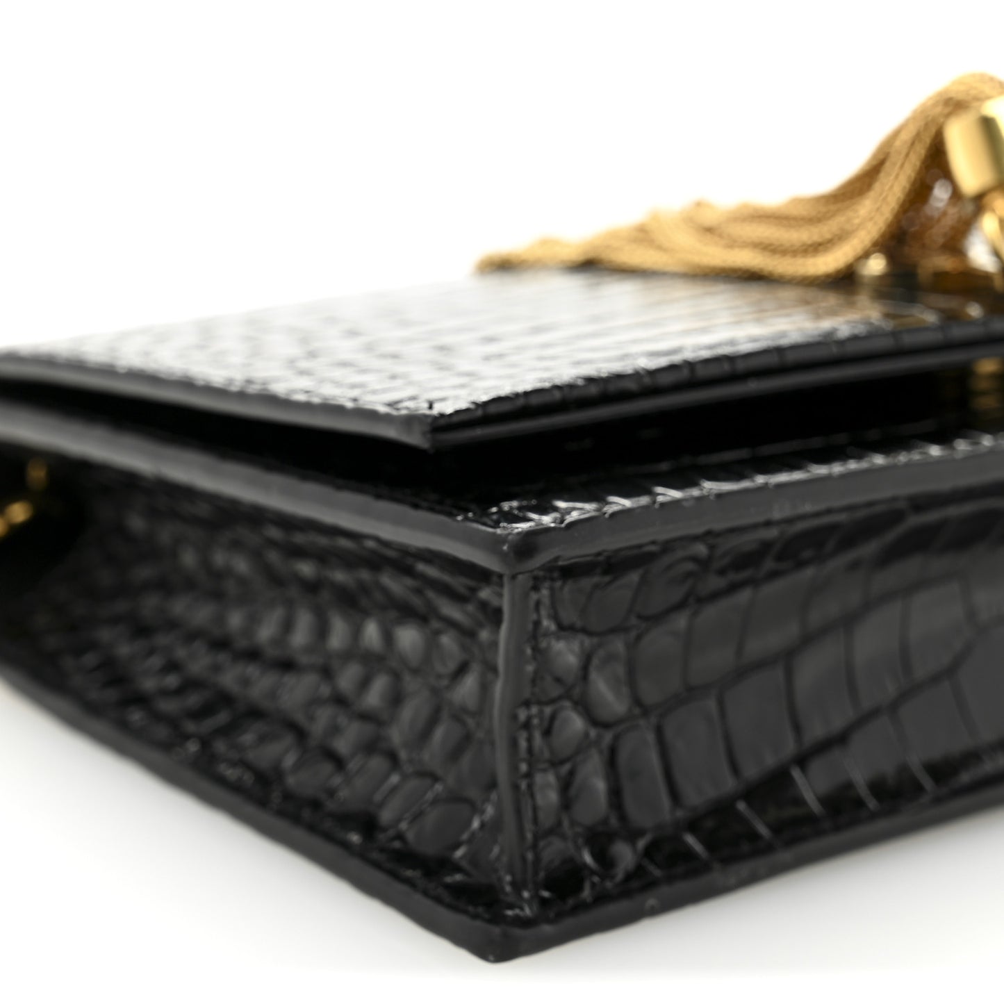 Calfskin Crocodile Embossed Small Classic Monogram Kate Tassel Satchel Black