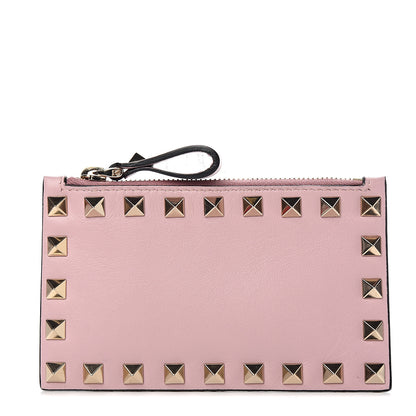 Valentino Garavani Calfskin Rockstud Coin Case Card Holder Water Rose 1 of 8