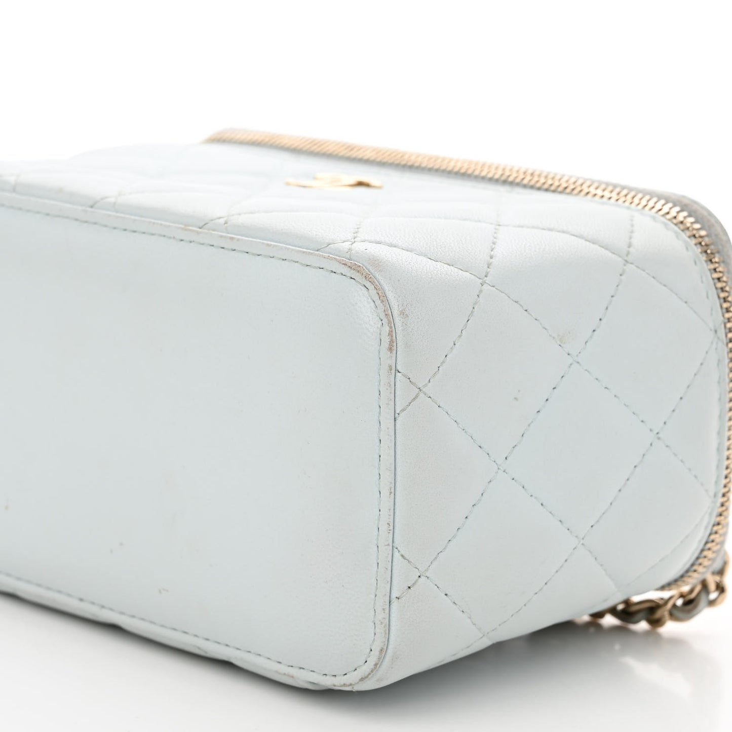 Lambskin Quilted Small Top Handle Vanity Case With Chain Light Blue