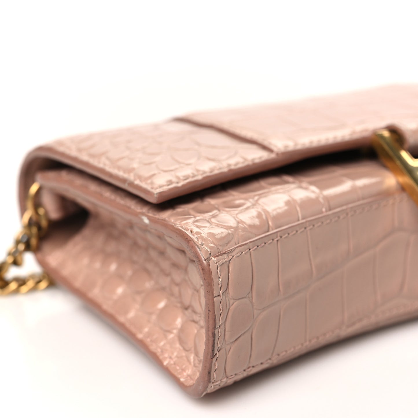 Shiny Calfskin Crocodile Embossed Hourglass Chain Bag Nude Beige