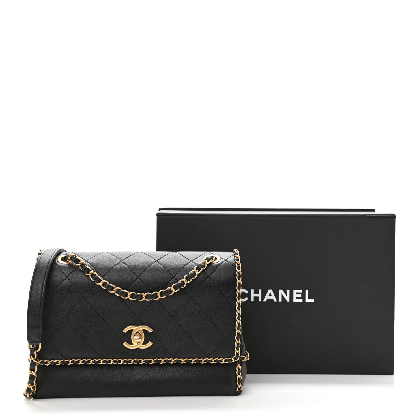 Calfskin Stitched Chain Flap Black