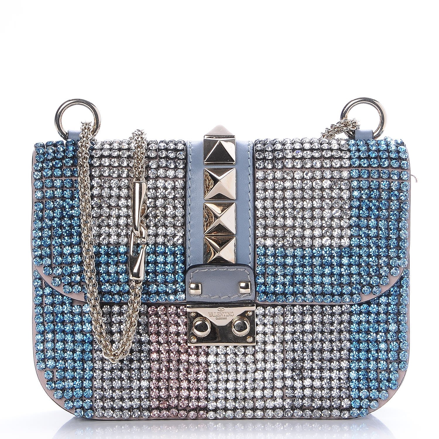 Valentino Garavani Vitello Crystal Embellished Small Glam Lock Rockstud Flap London Stone 1 of 9