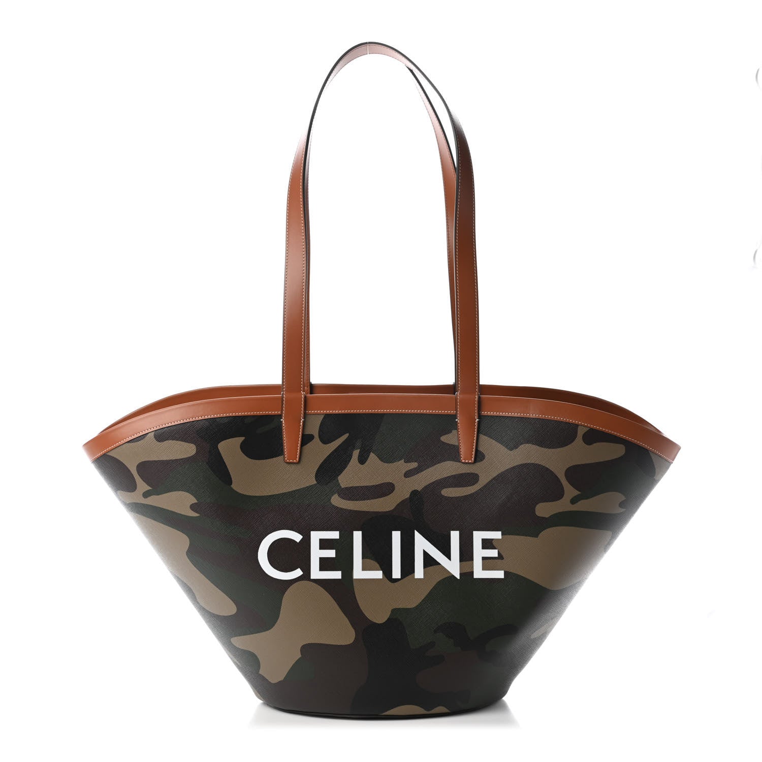 Celine Canvas Calfskin Camouflage Large Couffin Logo Tote Khaki