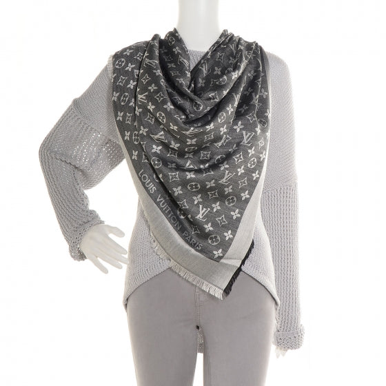 Wool Silk Monogram Denim Shawl Black