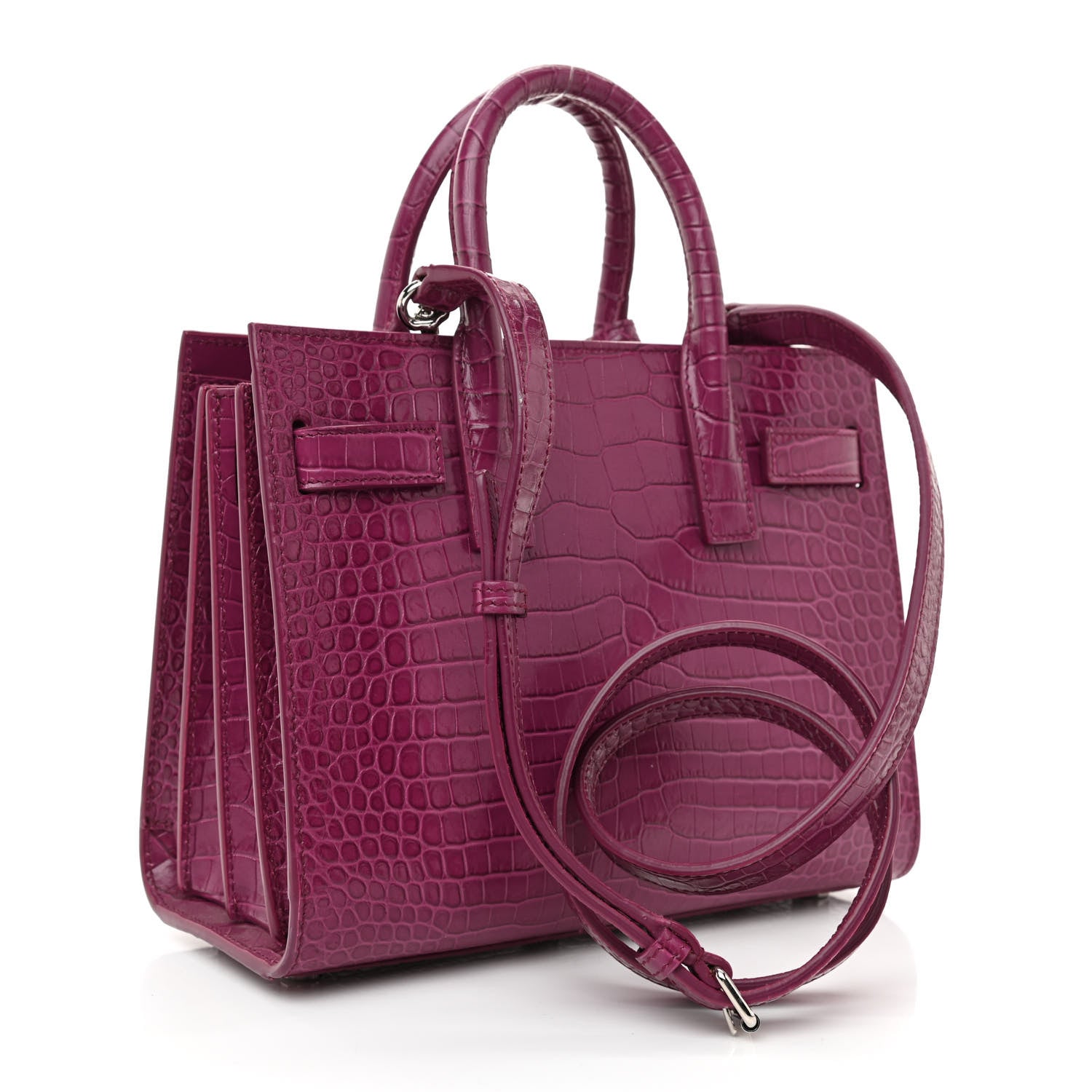 Saint Laurent Calfskin Crocodile Embossed Nano Sac De Jour Violet