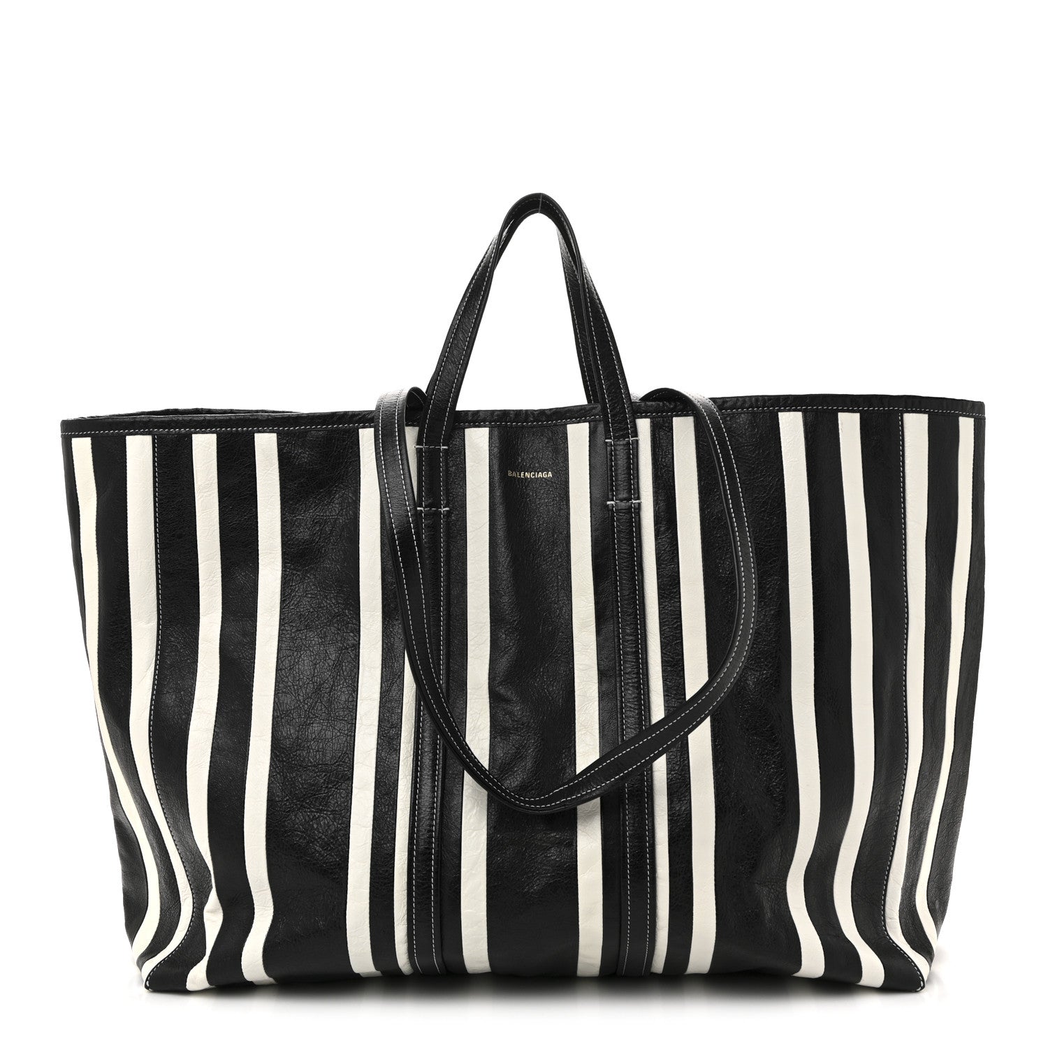 Balenciaga Agneau Arena Striped Patchwork East West Barbes Shopper Black White 1 of 12
