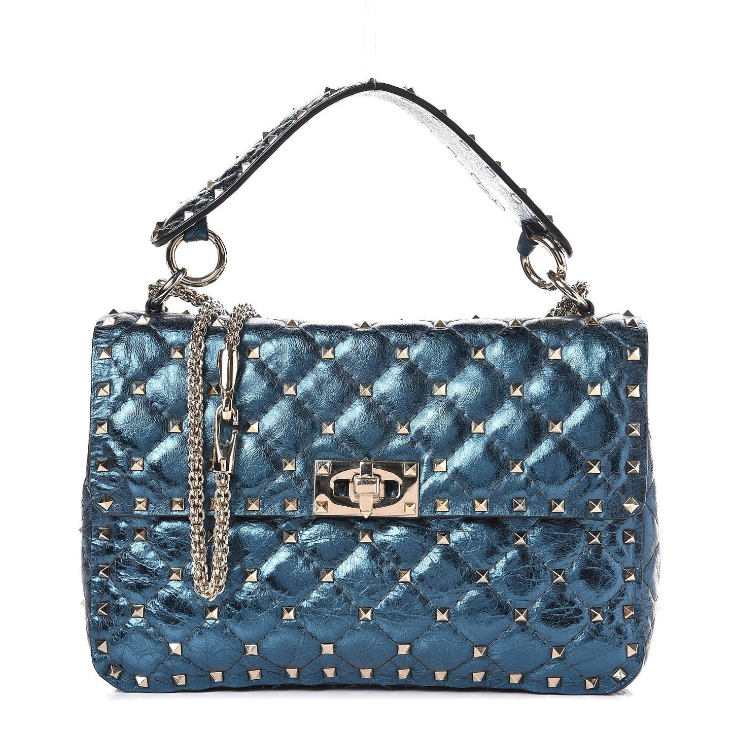 Metallic Wrinkled Lambskin Medium Rockstud Spike Shoulder Bag Peacock