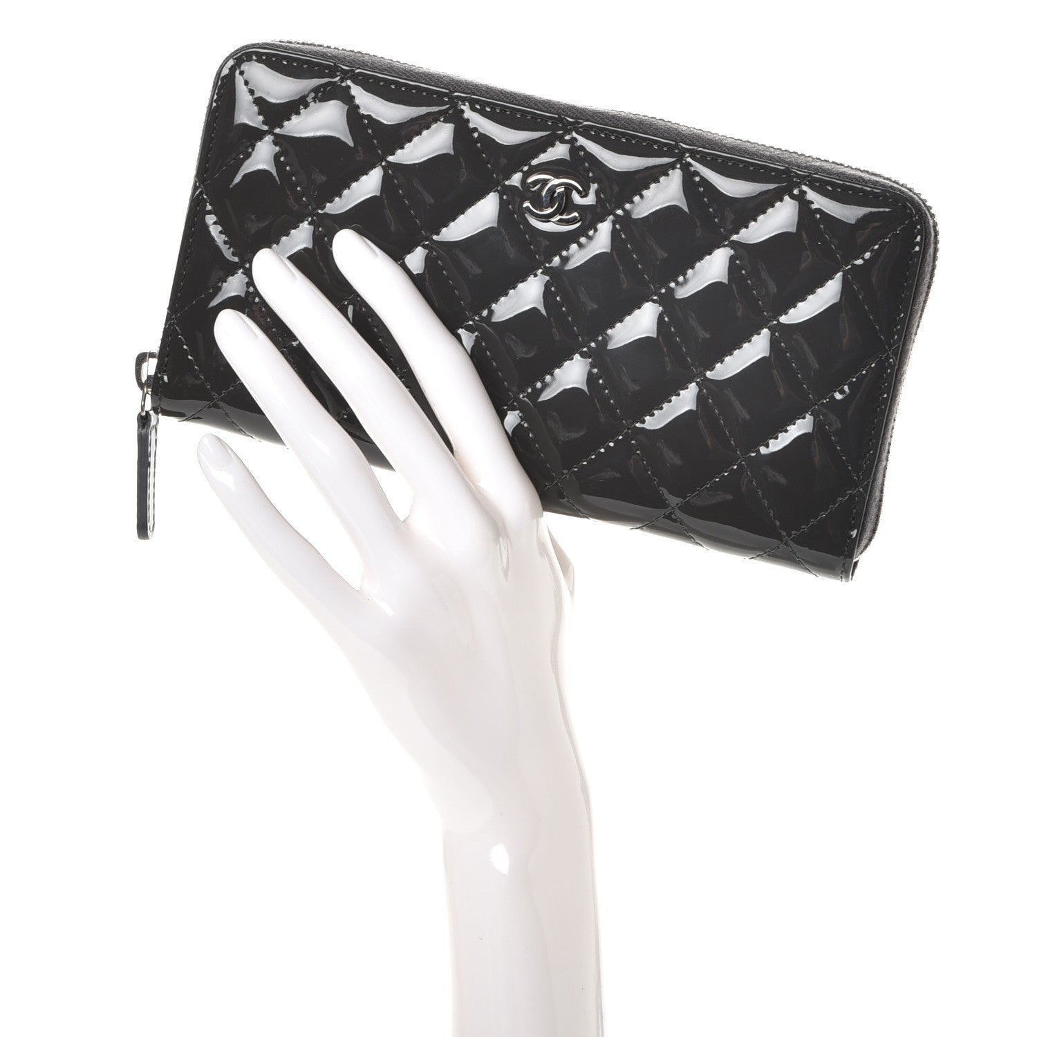 Chanel Patent Calfskin Quilted Large Gusset Zip Around Wallet Grey 2 of 10