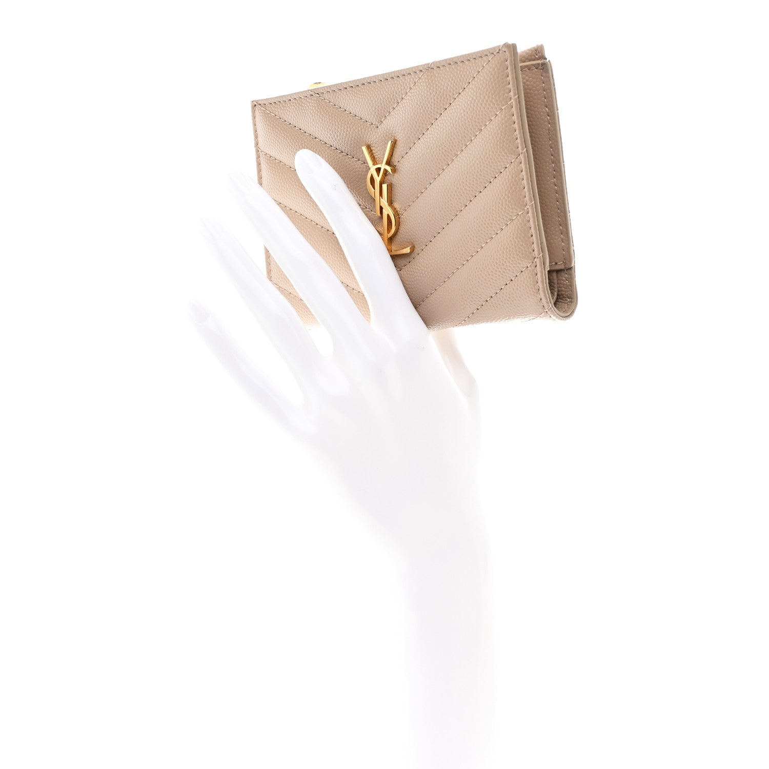 Saint Laurent Grain De Poudre Matelasse Chevron Monogram Zipped Two-Part Wallet Dark Beige 2 of 10