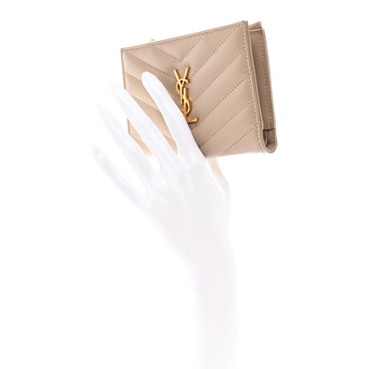 Saint Laurent Grain De Poudre Matelasse Chevron Monogram Zipped Two-Part Wallet Dark Beige 2 of 10