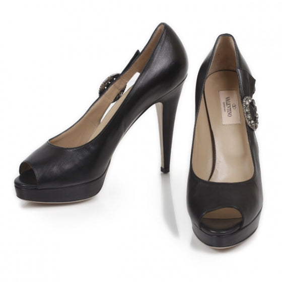 Crystal Platform Peep Toe Pumps 39.5 Black