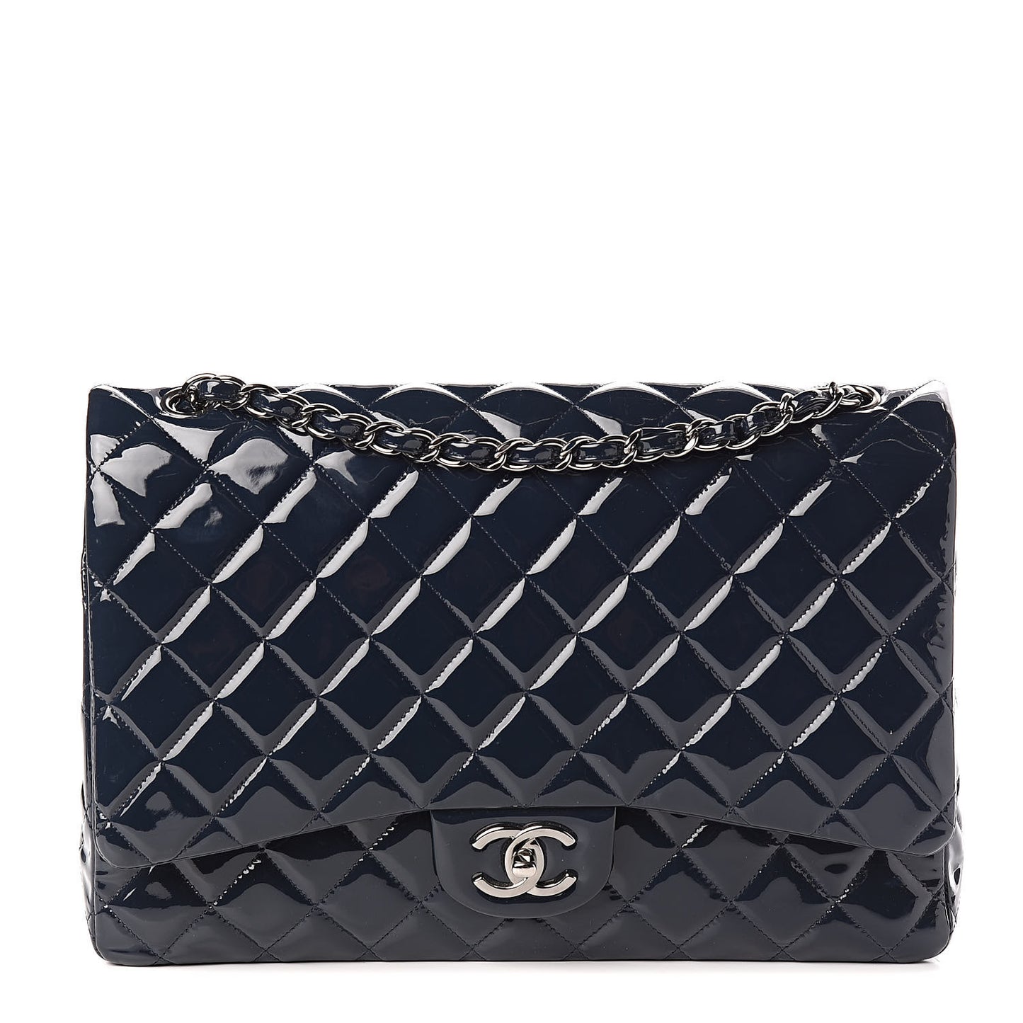 Patent Quilted Maxi Double Flap Navy Blue
