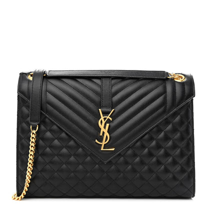Saint Laurent Grain De Poudre Textured Mixed Matelasse Large Triquilt Monogram Satchel Black 1 of 9