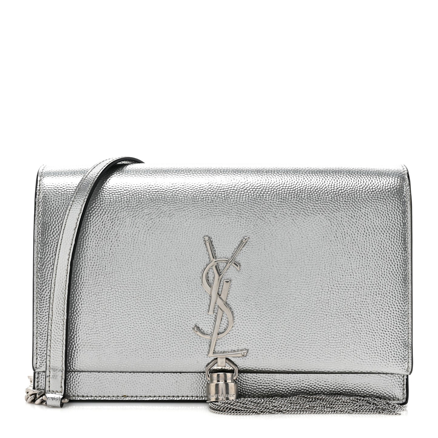 Metallic Grain De Poudre Clasic Monogram Kate Tassel Chain Wallet Argento