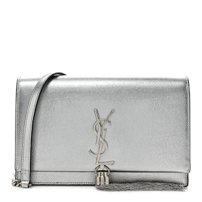 Saint Laurent Metallic Grain De Poudre Clasic Monogram Kate Tassel Chain Wallet Argento 1 of 16