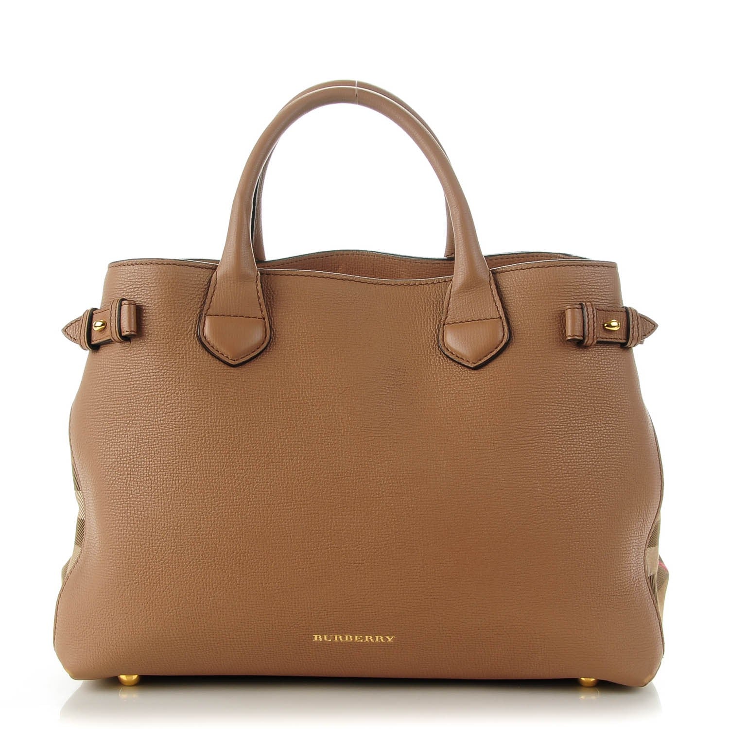 Burberry Grainy Calfskin House Check Medium Banner Tote Dark Sand 1 of 8