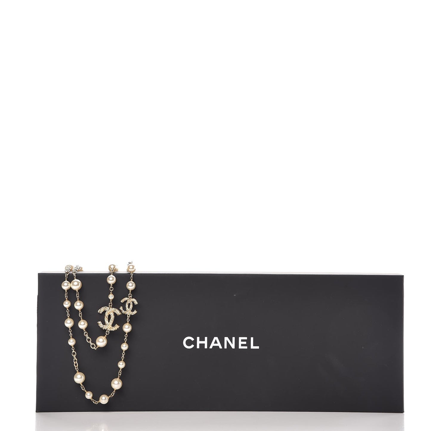 Graduated Pearl Crystal Twisted CC Long Necklace in Gold