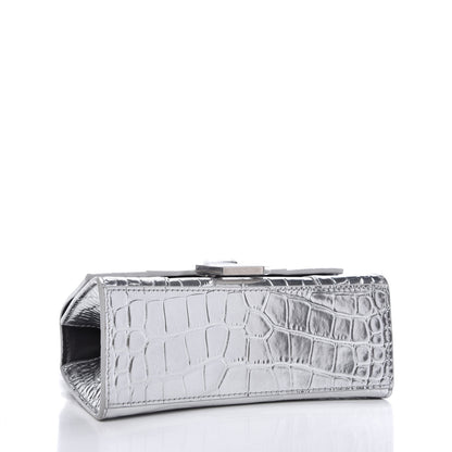 Balenciaga Metallic Calfskin Crocodile Embossed Hourglass Top Handle Bag XS Silver 4 of 10