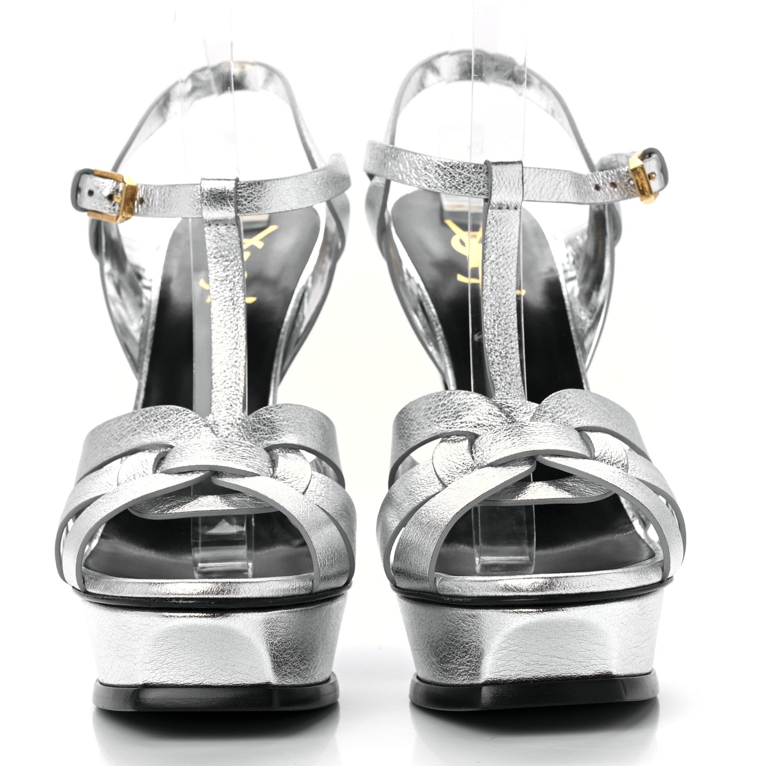 Saint Laurent Metallic Calfskin Tribute 105 Platform Sandals 40.5 Silver 2 of 7