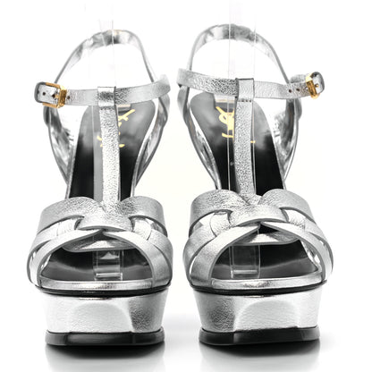 Saint Laurent Metallic Calfskin Tribute 105 Platform Sandals 40.5 Silver 2 of 7