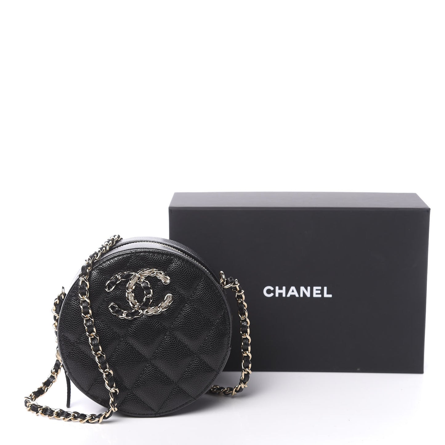 Caviar Quilted French New Wave Round Clutch With Chain Black