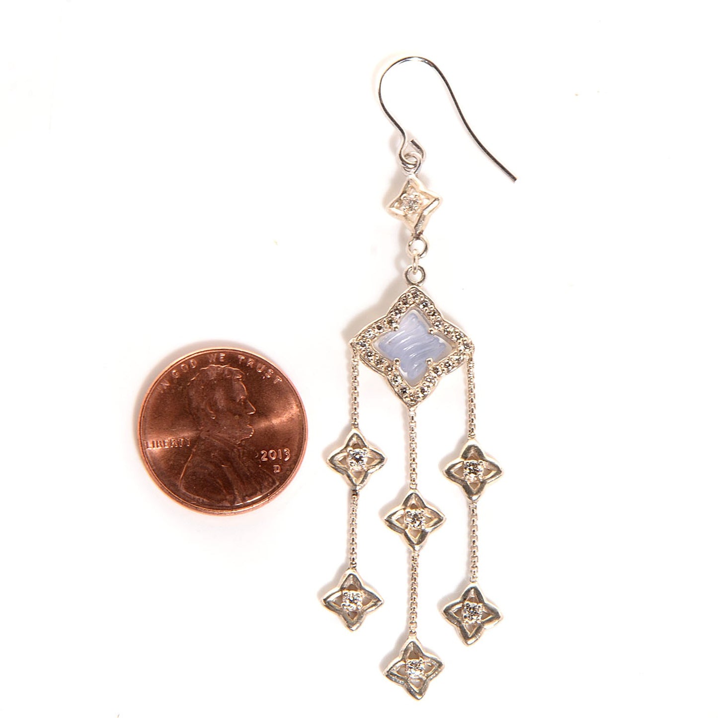 Sterling Silver Diamond Chalcedony Quatrefoil Chandelier Earrings