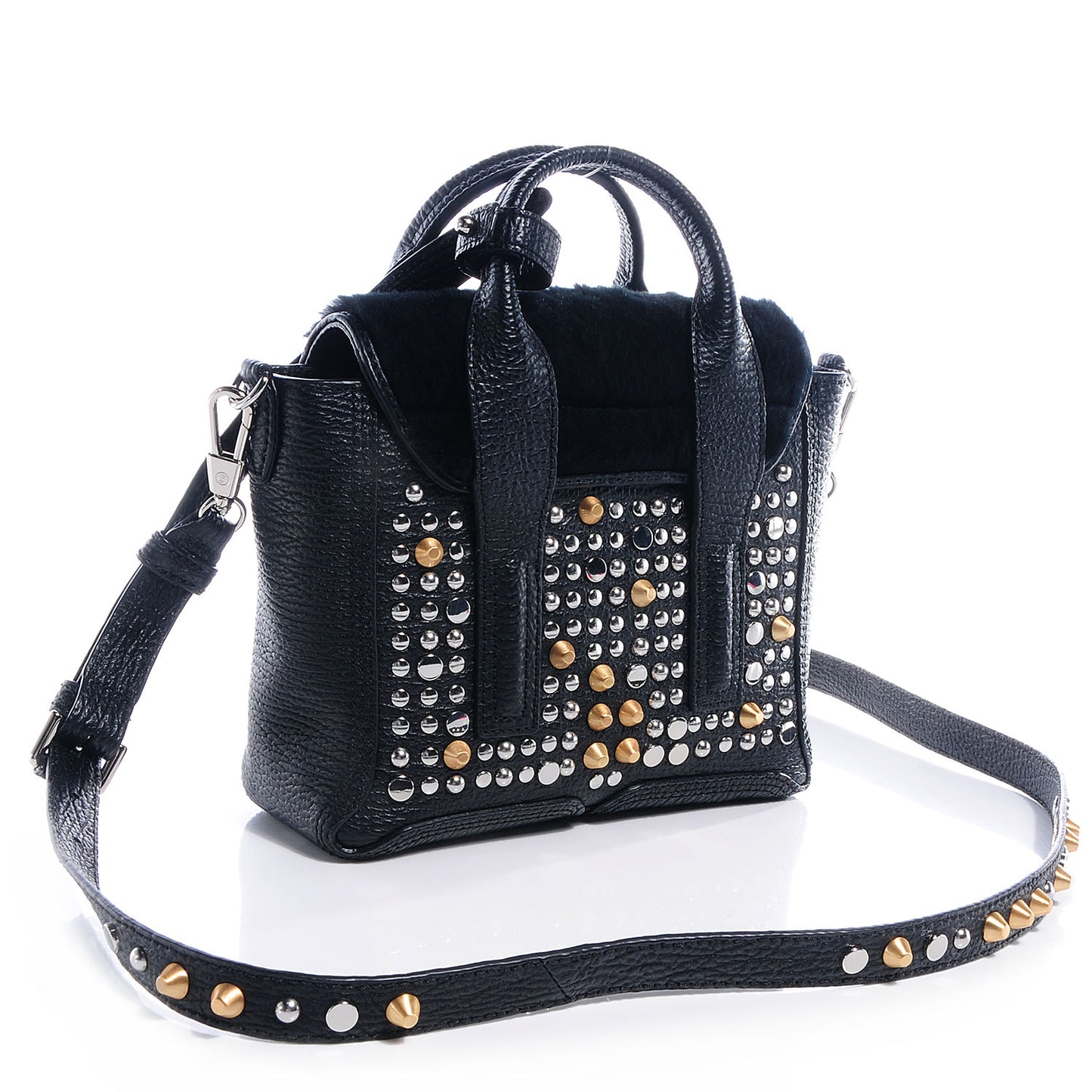 3.1 Calfskin Fur Mini Studded Satchel Black