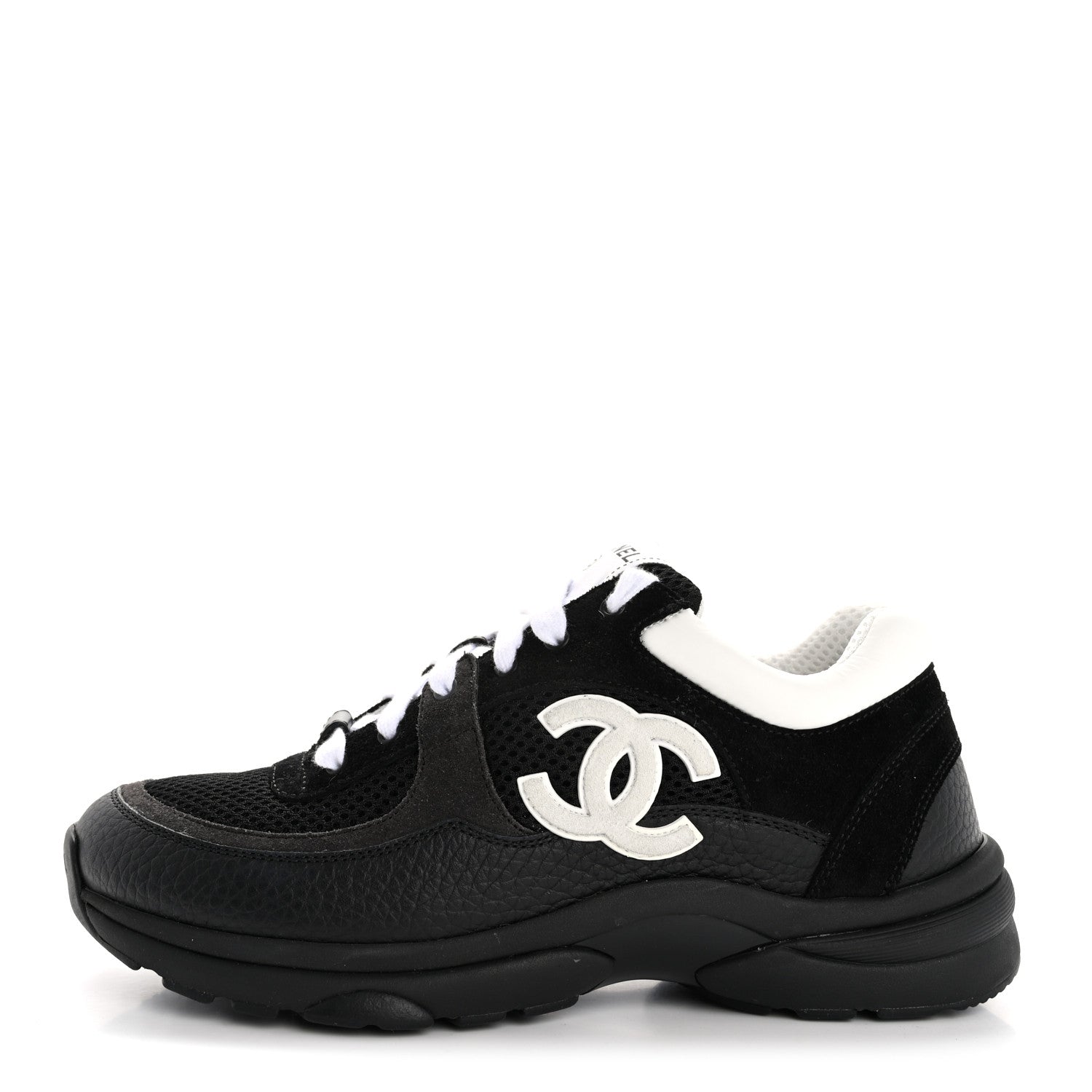 Chanel Mesh Suede Grained Calfskin Womens CC Sneakers 38 Black White 1 of 12