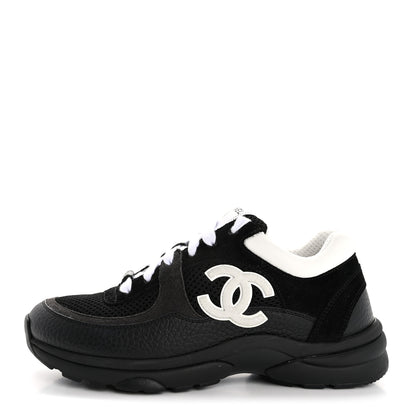 Chanel Mesh Suede Grained Calfskin Womens CC Sneakers 38 Black White 1 of 12