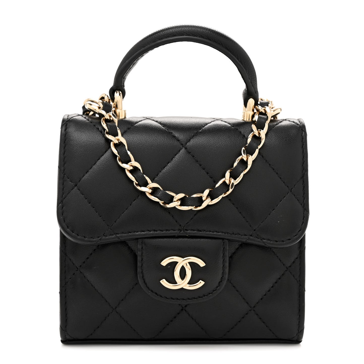 Lambskin Quilted Top Handle Flap Clutch With Chain Black