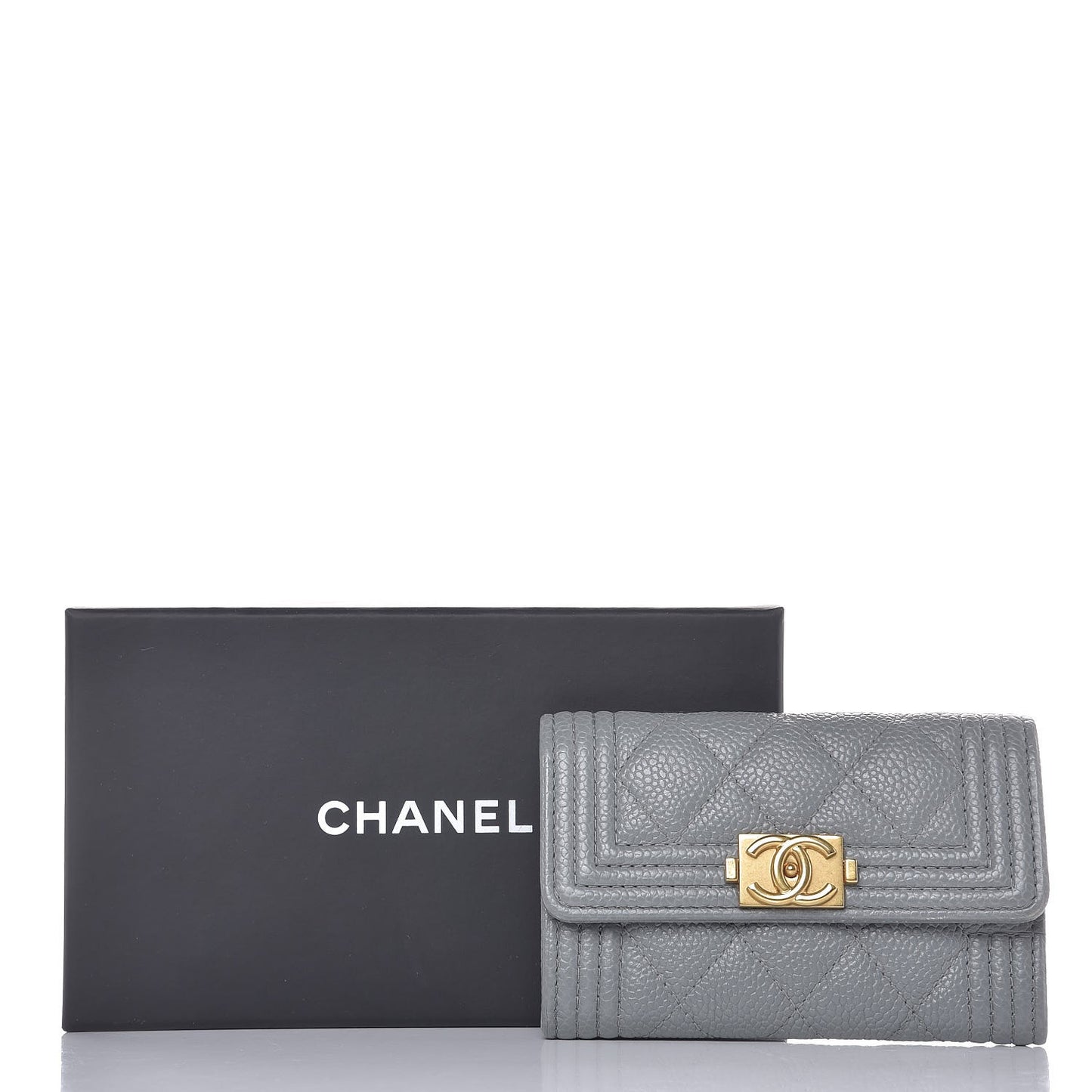Caviar Quilted Boy Flap Card Holder Grey