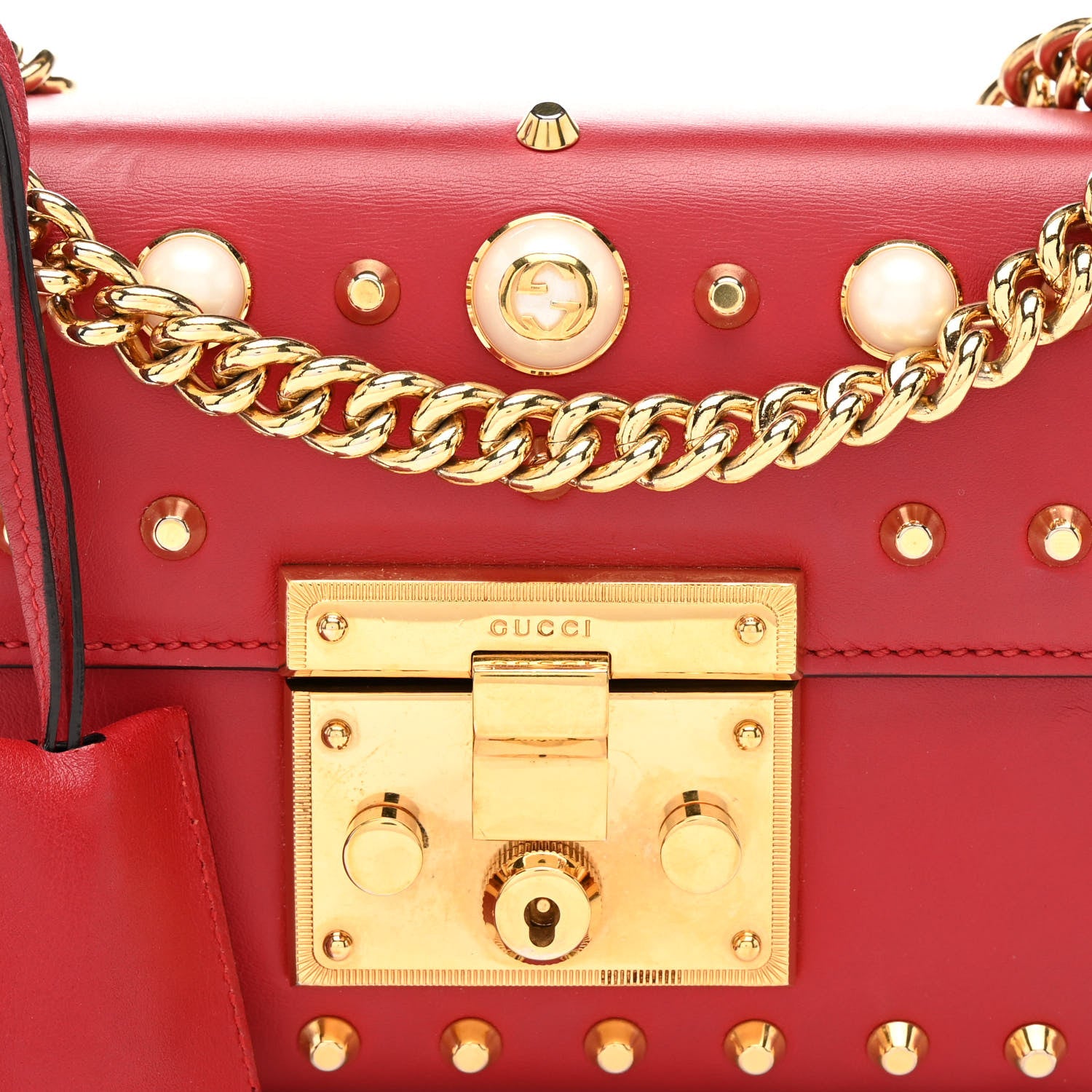 Gucci Calfskin Studded Small Padlock Shoulder Bag Hibiscus Red 8 of 10