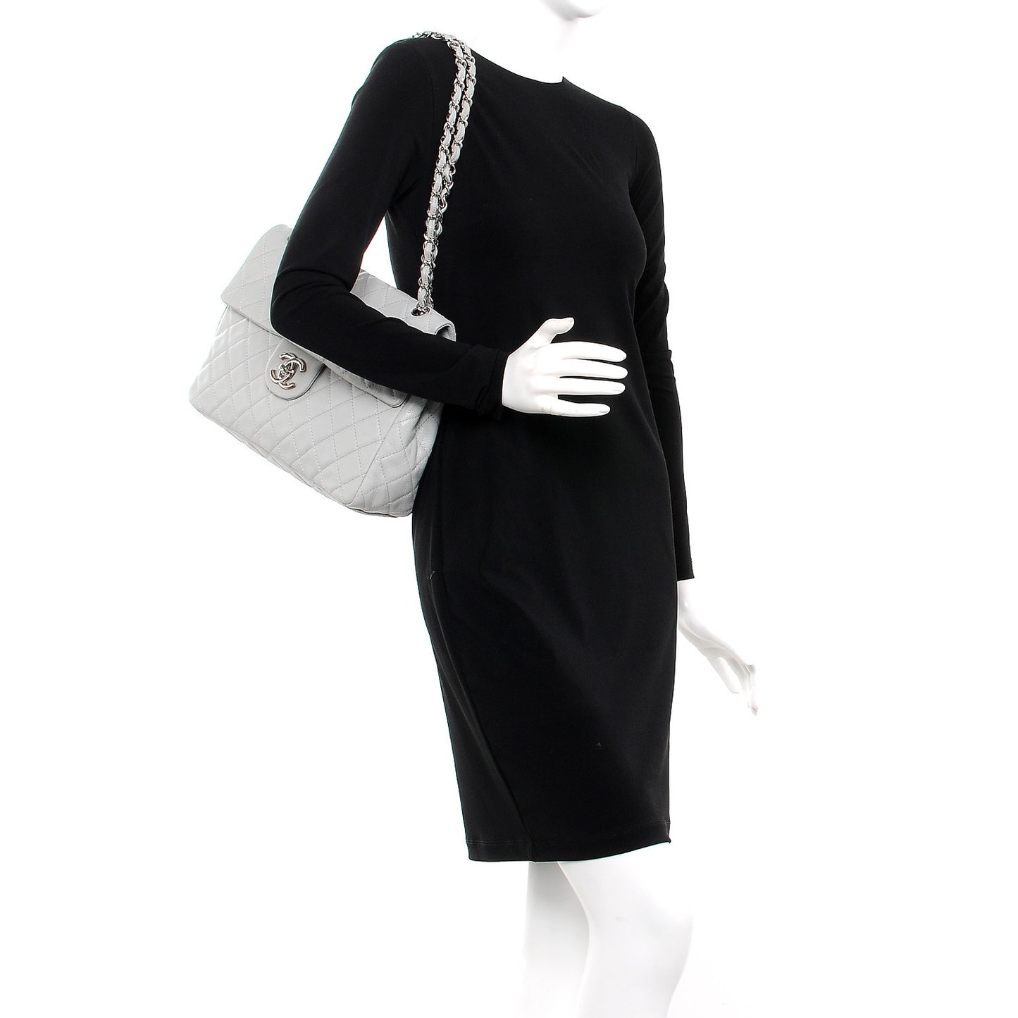 Caviar Quilted Maxi Single Flap Light Grey