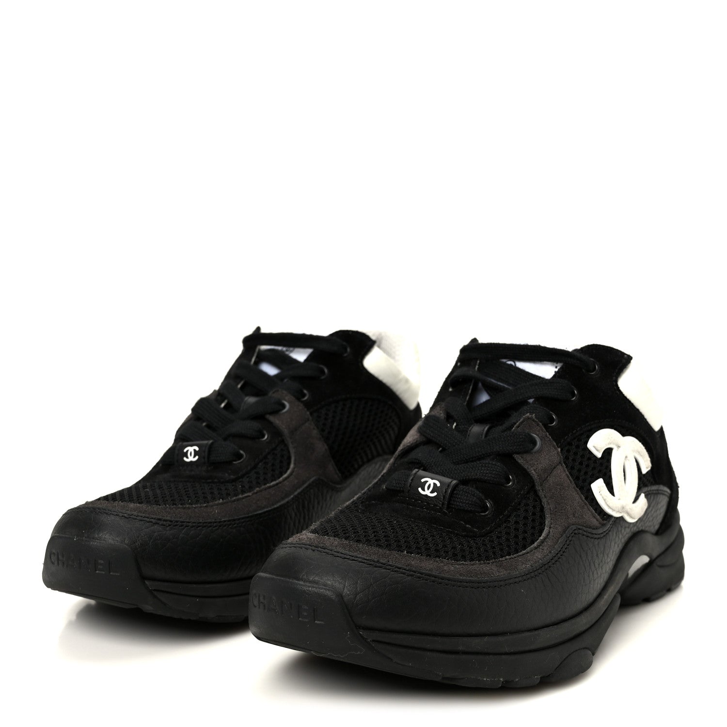 Chanel Mesh Suede Grained Calfskin Womens CC Sneakers 37 Black White 4 of 10