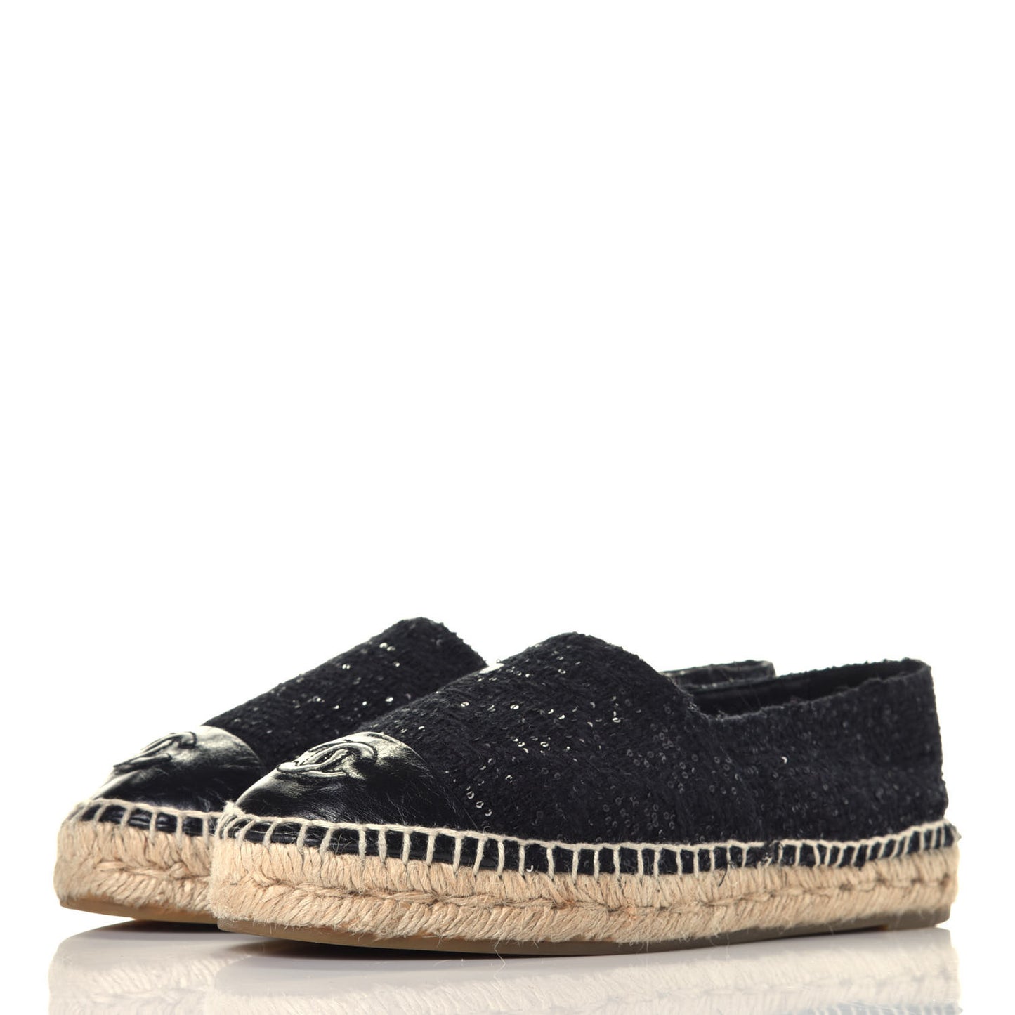Tweed Patent Goatskin Sequin CC Espadrilles 37 Black