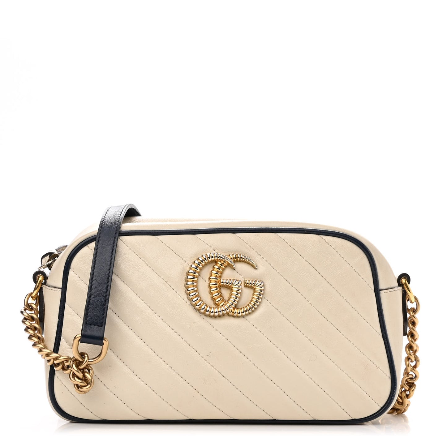 Vintage Effect Calfskin Matelasse Diagonal Small Torchon GG Marmont Chain Shoulder Bag Mystic White Blue Agata