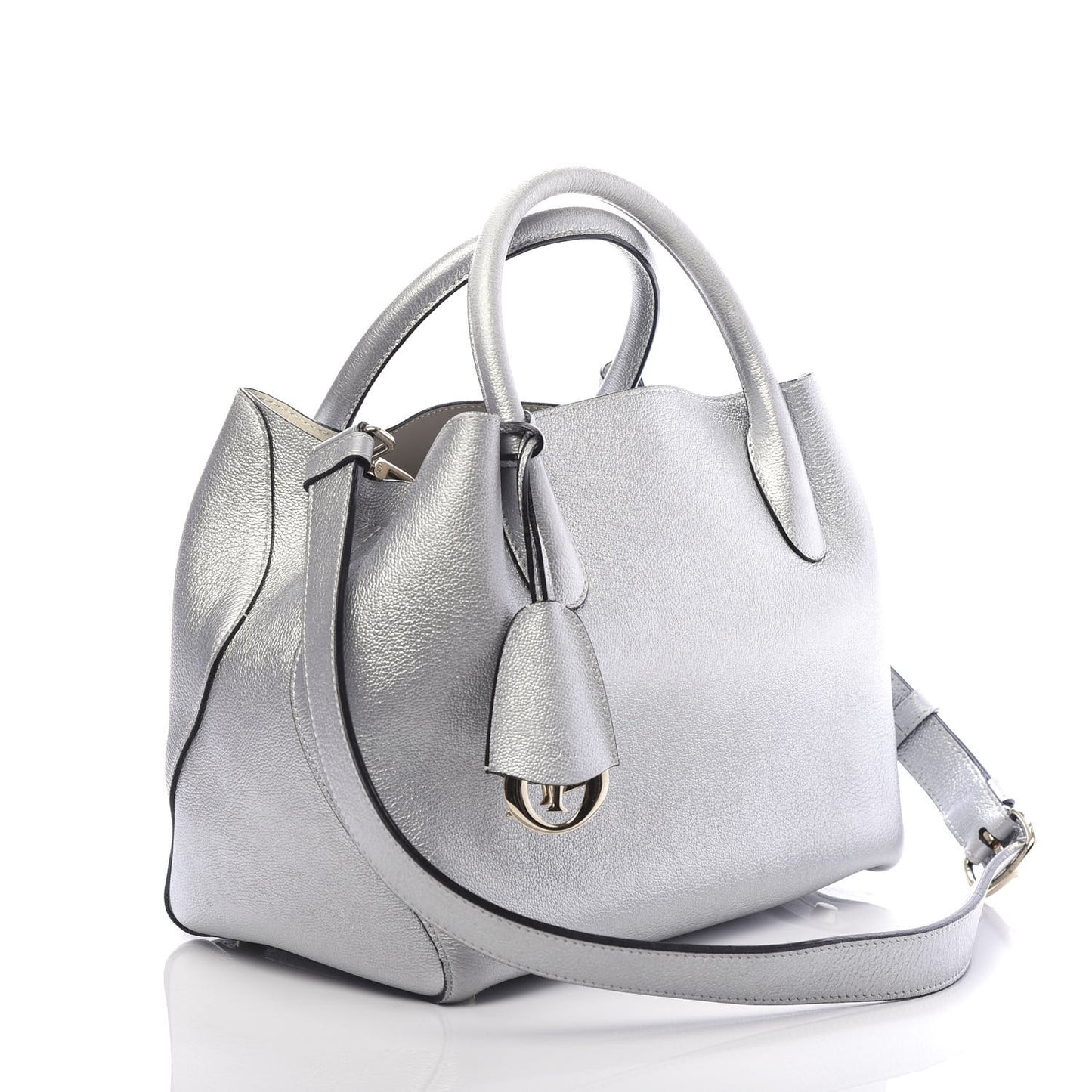 Metallic Supple Grained Calfskin Medium Open Bar Tote Silver