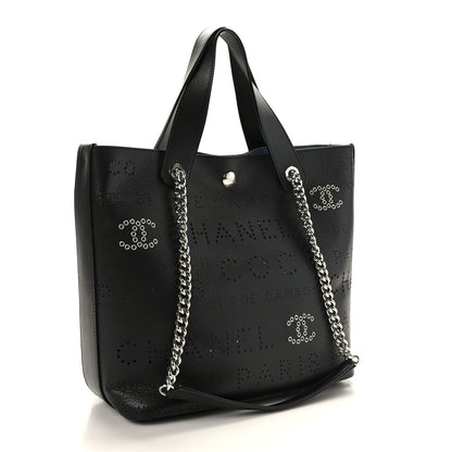 Chanel Calfskin Tweed Small Logo Eyelets Shopping Tote Black 4 of 10
