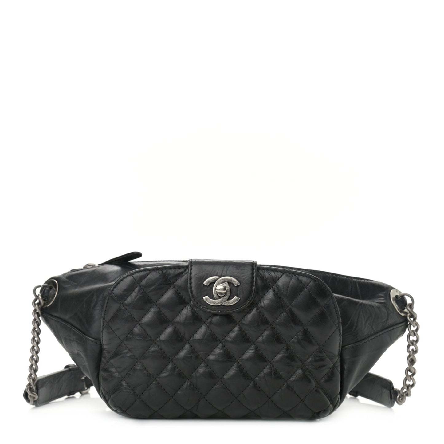 Crumpled Calfskin Quilted Casual Rock Waist Bag Fanny Pack Black