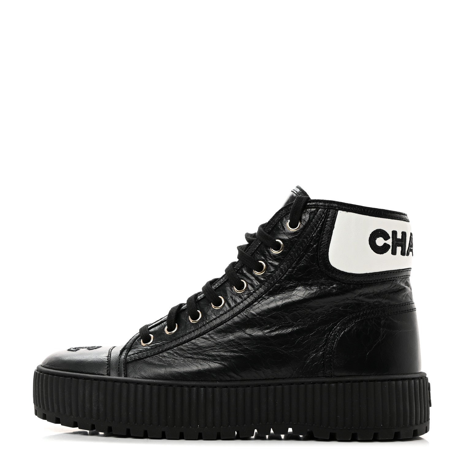 Chanel Aged Calfskin Lace Up Cap Toe Sneakers 38.5 Black White 1 of 9