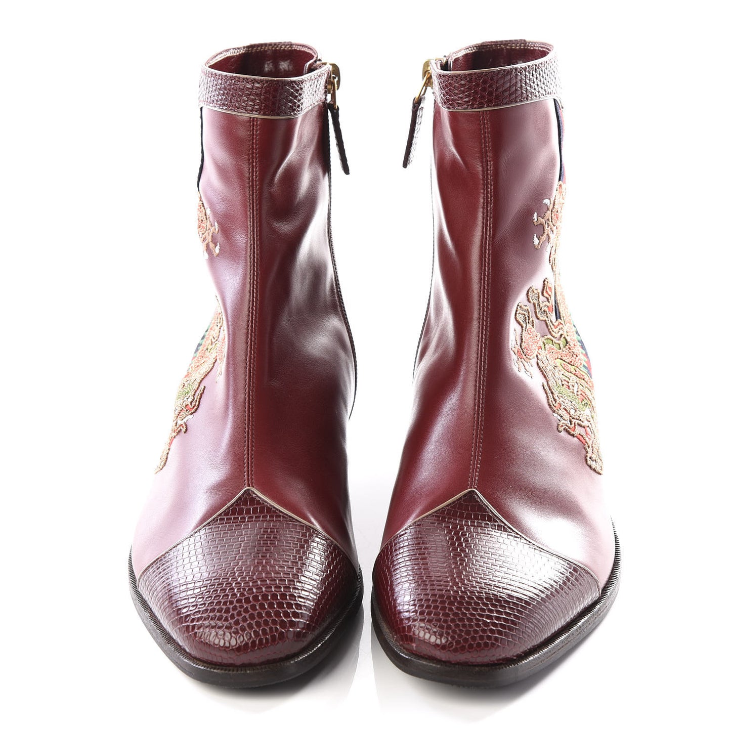 Calfskin Malaga Kid Lizard Web Dragon Embroidered Ankle Boots 7 Bordeaux